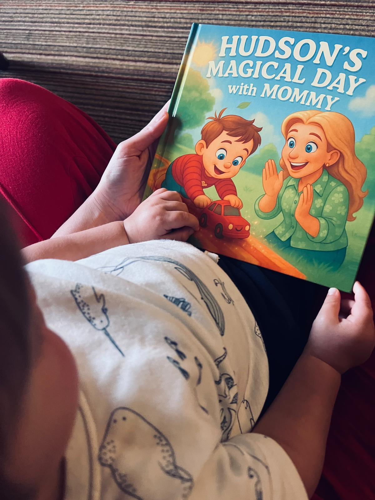 Hudson's custom storybook with Mom