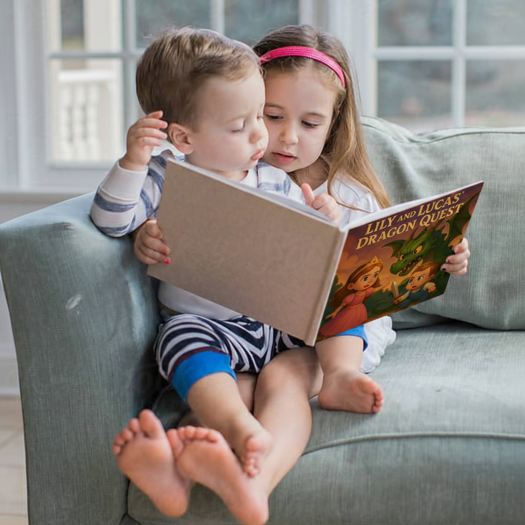 Brother and sister enjoying their storybook