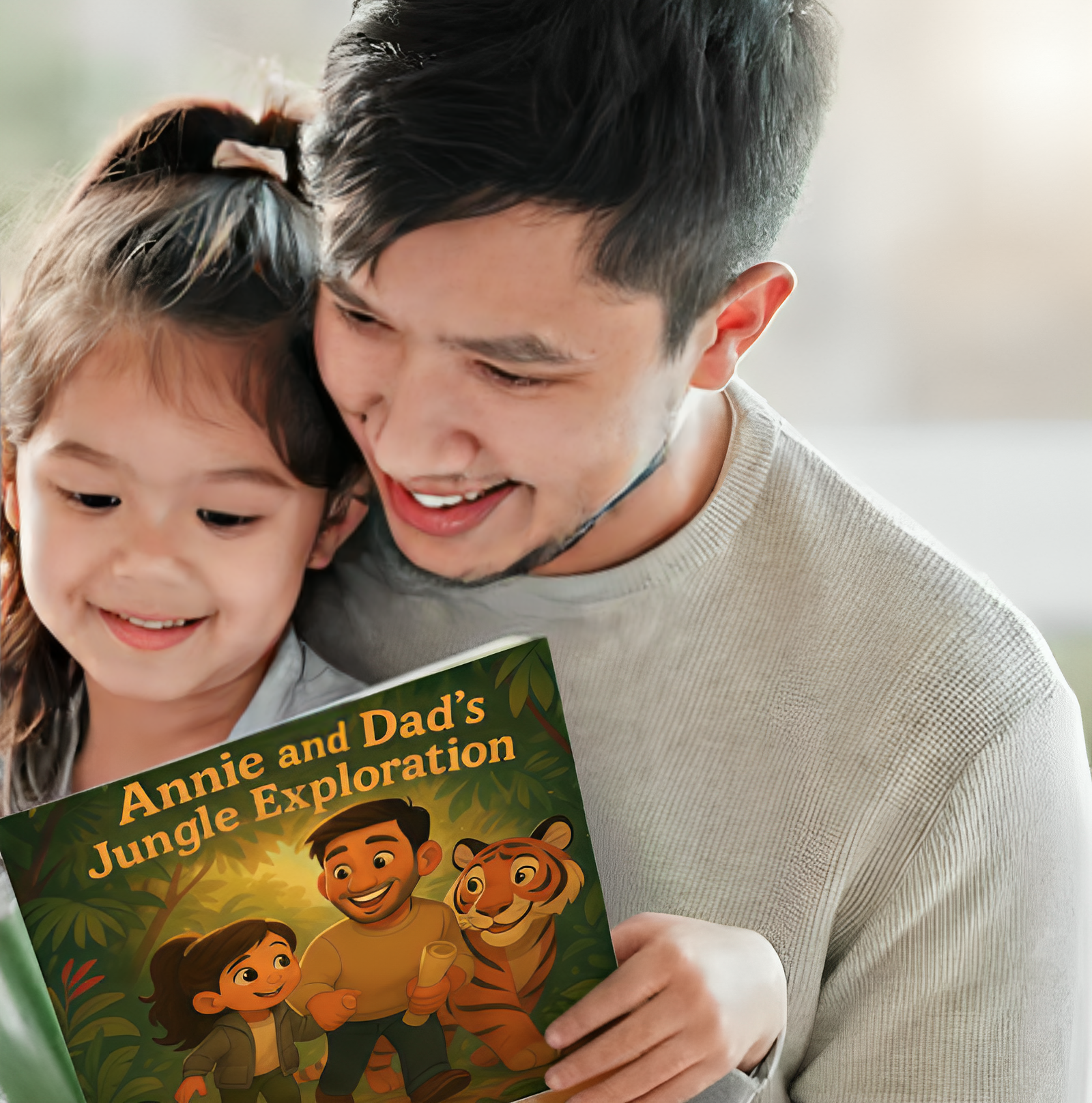 A grandparent and grandchild happily reading a book together